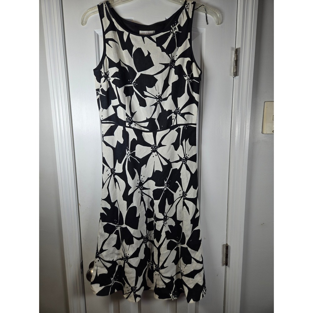 Adrianna Papell Black Ivory Floral Linen Blend‎ A-Line Midi Dress Womens 10